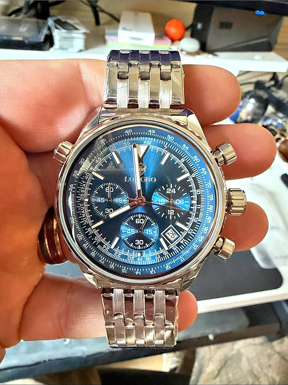 Longbo Chronograph Quartz Watch Model 83823G Blue & Silver NWT